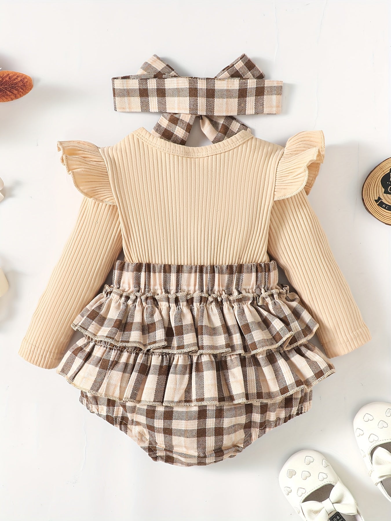 Baby Girls Bow Plaid Long Sleeve Cotton Creeper Romper