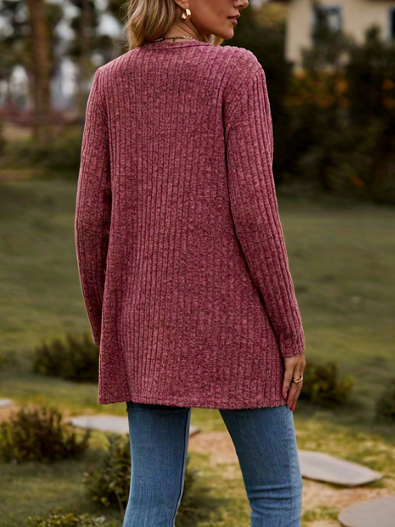 Ribbed Knit Button-Up Cardigan with Pockets