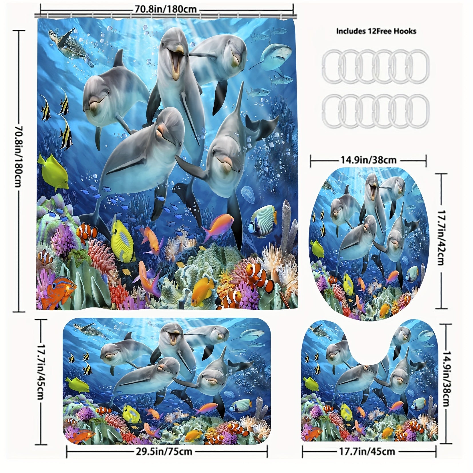 Waterproof Dolphin Shower Curtain Set with Non Slip Bathroom Rug
