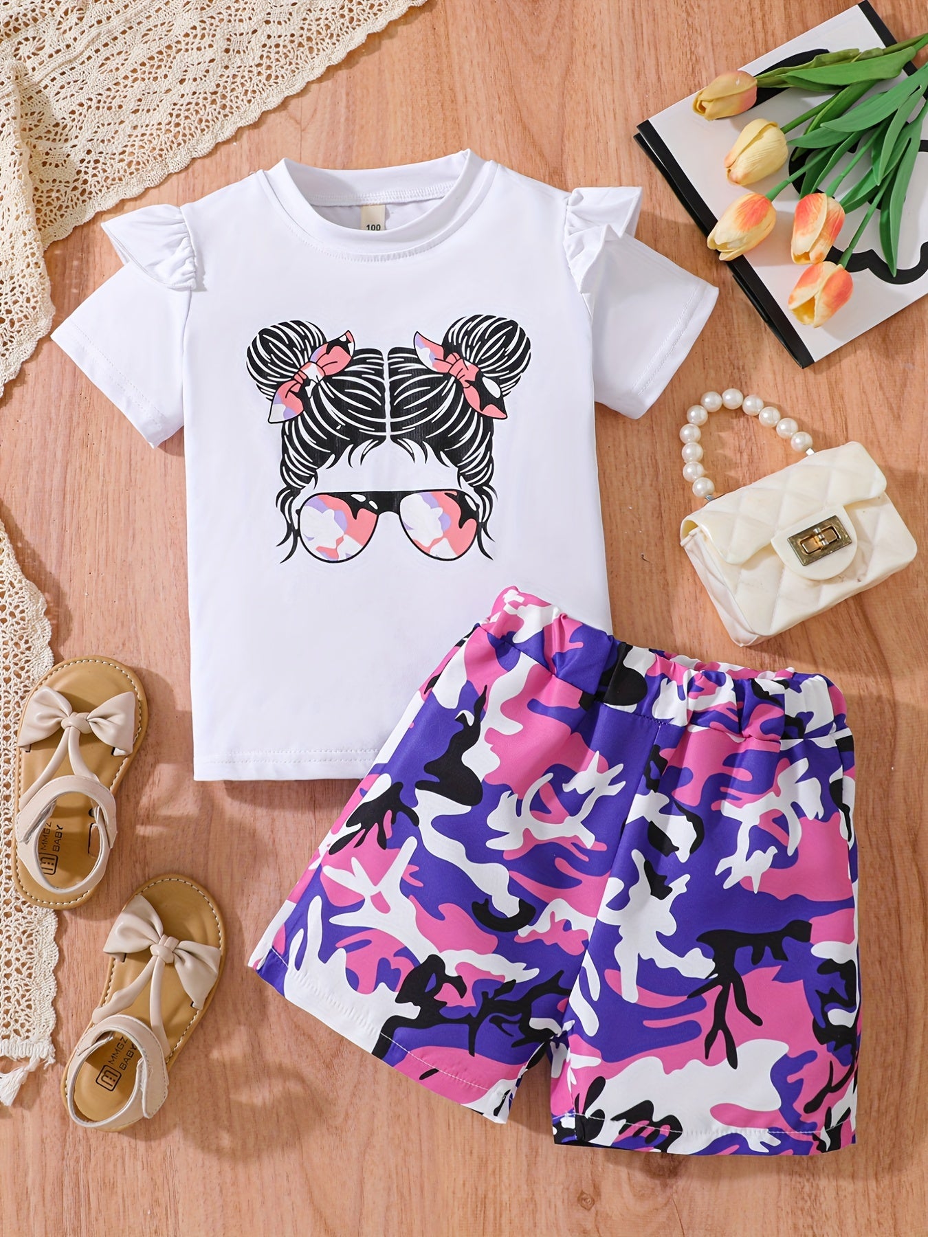 Girl's Camo Sunglasses Print T-Shirt & Shorts Set for Summer