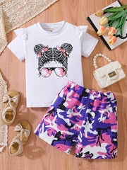 Girl's Camo Sunglasses Print T-Shirt & Shorts Set for Summer