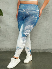 Denim & Lace Print High Rise Stretch Skinny Leggings
