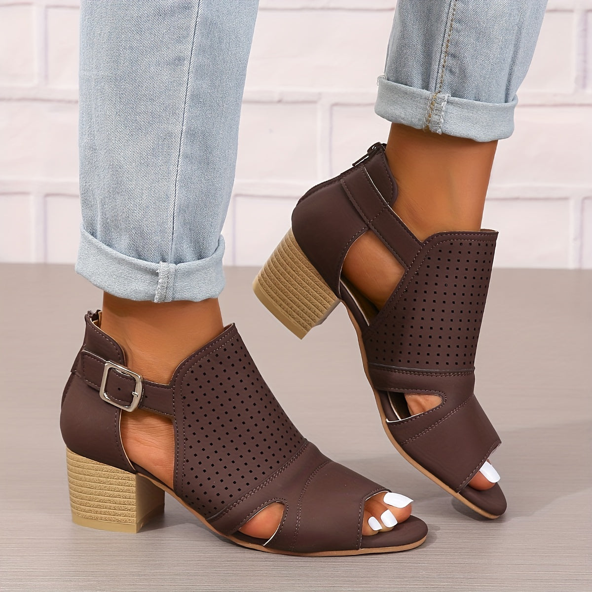 Women's Peep Toe Low Heeled Sandals Perforated Buckle Strap