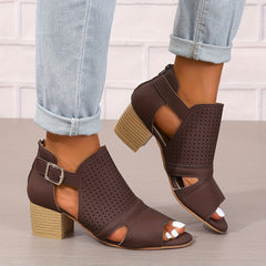 Women's Peep Toe Low Heeled Sandals Perforated Buckle Strap