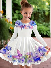 Girls Flower Print Long Sleeve Dress for Spring Fall Party