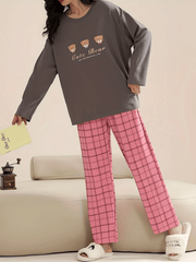 Bear Print Pajama Set Long Sleeve Crew Neck Top & Plaid Pants