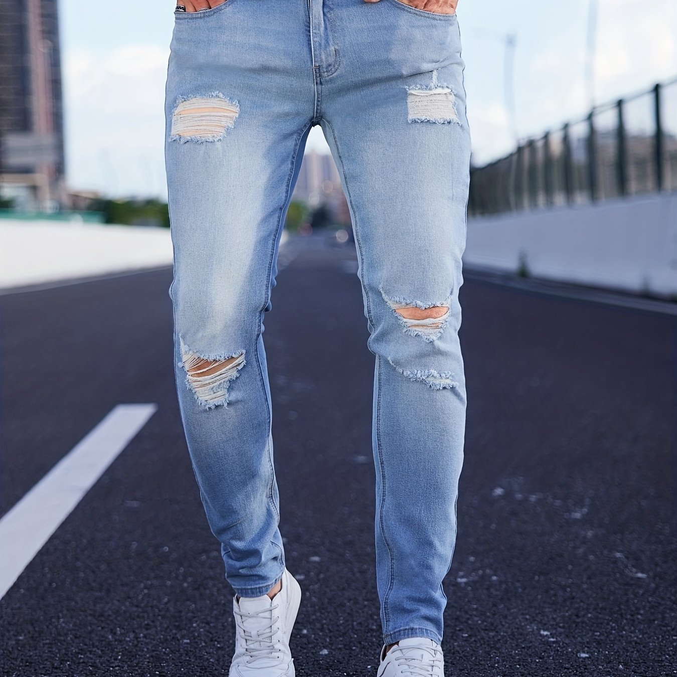 Slim Fit Ripped Cotton Jeans Men Casual Street Style Distressed Mid Stretch