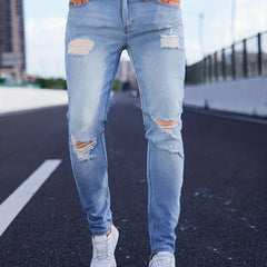 Slim Fit Ripped Cotton Jeans Men Casual Street Style Distressed Mid Stretch