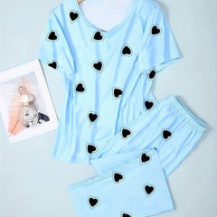 Heart Print Pajama Set Short Sleeve Top & Loose Pants Women's Loungewear