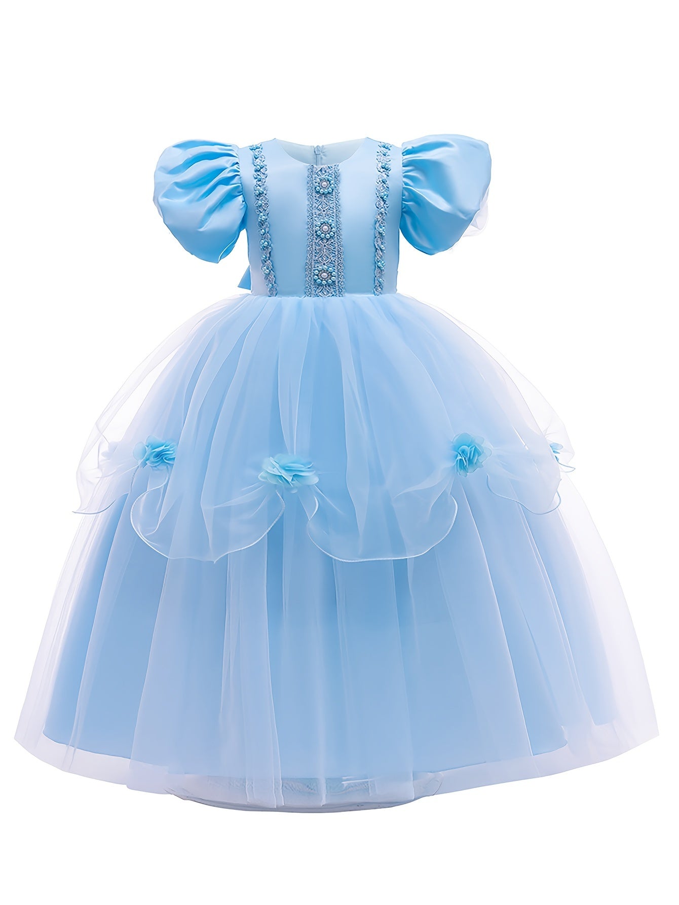 Girl's Fairy Tale Character Cosplay Costume Embroidered Puff Sleeve Mesh Dress