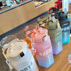 1600ml Gradient Plastic Water Cup Double Drinking Straw