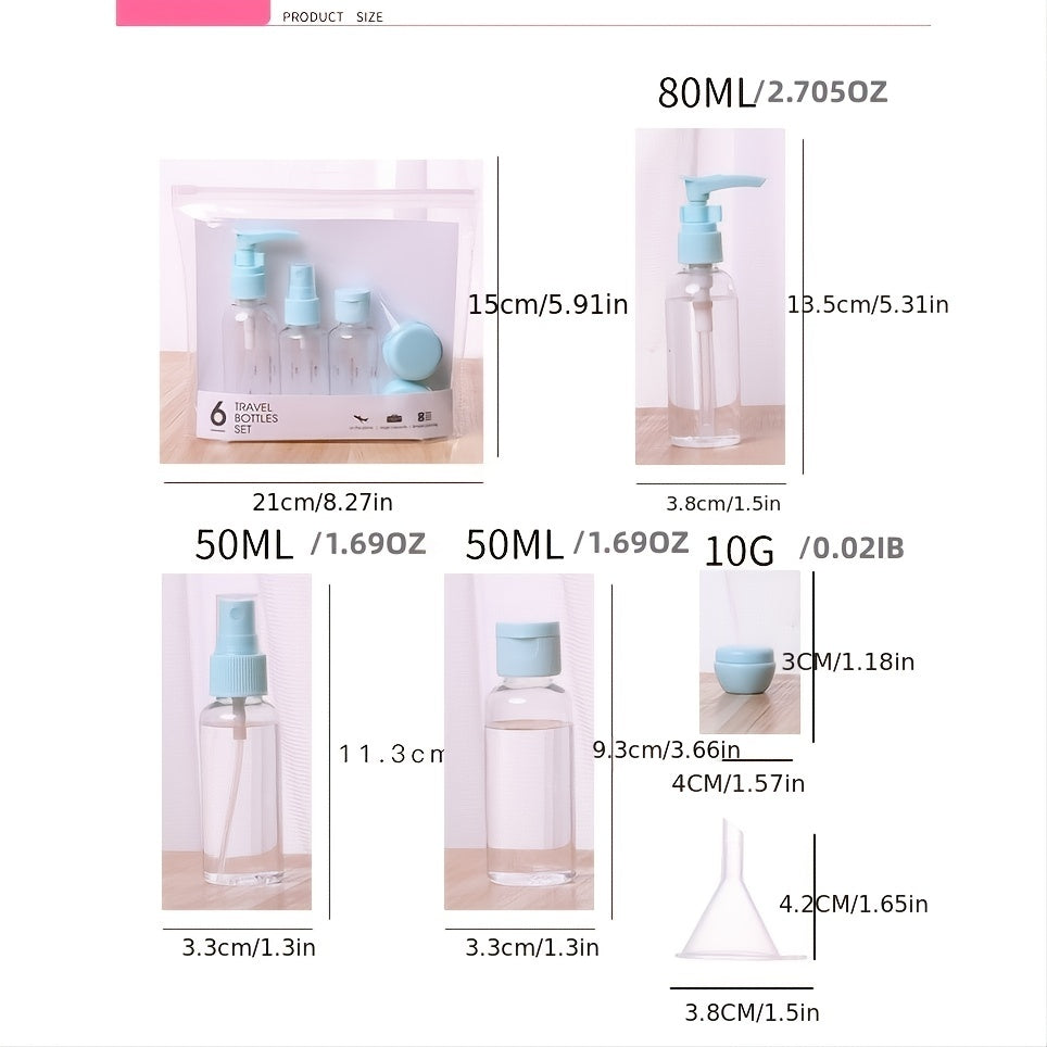 6Pcs Travel Bottles Set Mini Empty Plastic Pump Spray Squeeze Bottles