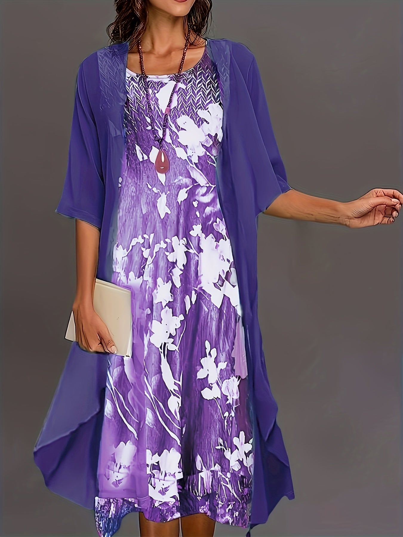 Long Cardigan & Floral Print Dress Set for Women