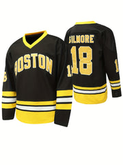 Men's Boston 18 Hockey Jersey Vintage Stripe V Neck Long Sleeve Size S-3XL