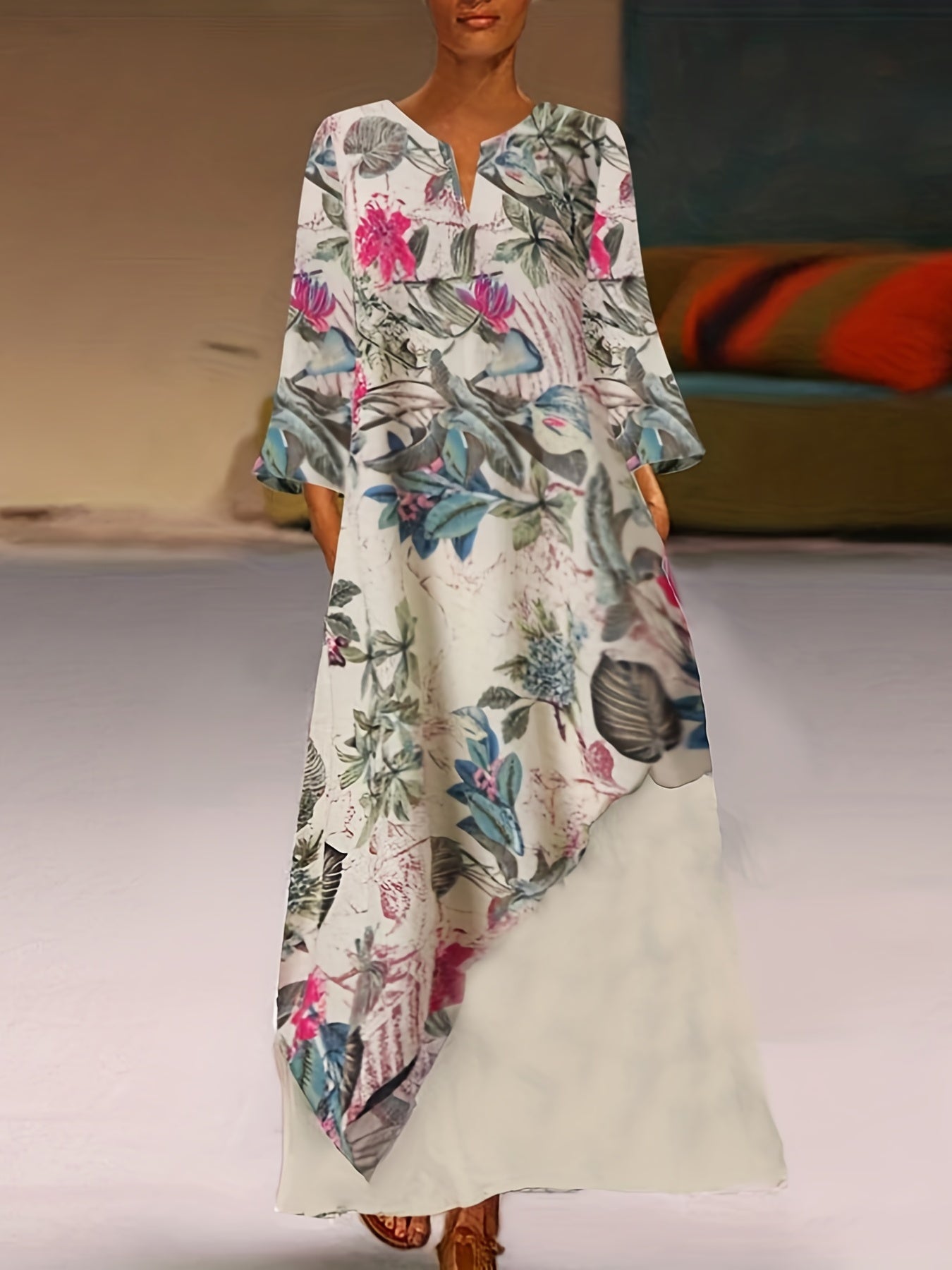 Colorblock Tropical Print Maxi Dress