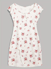 Floral Print NightDress Soft & Comfy Crew Neck Pajama Dress