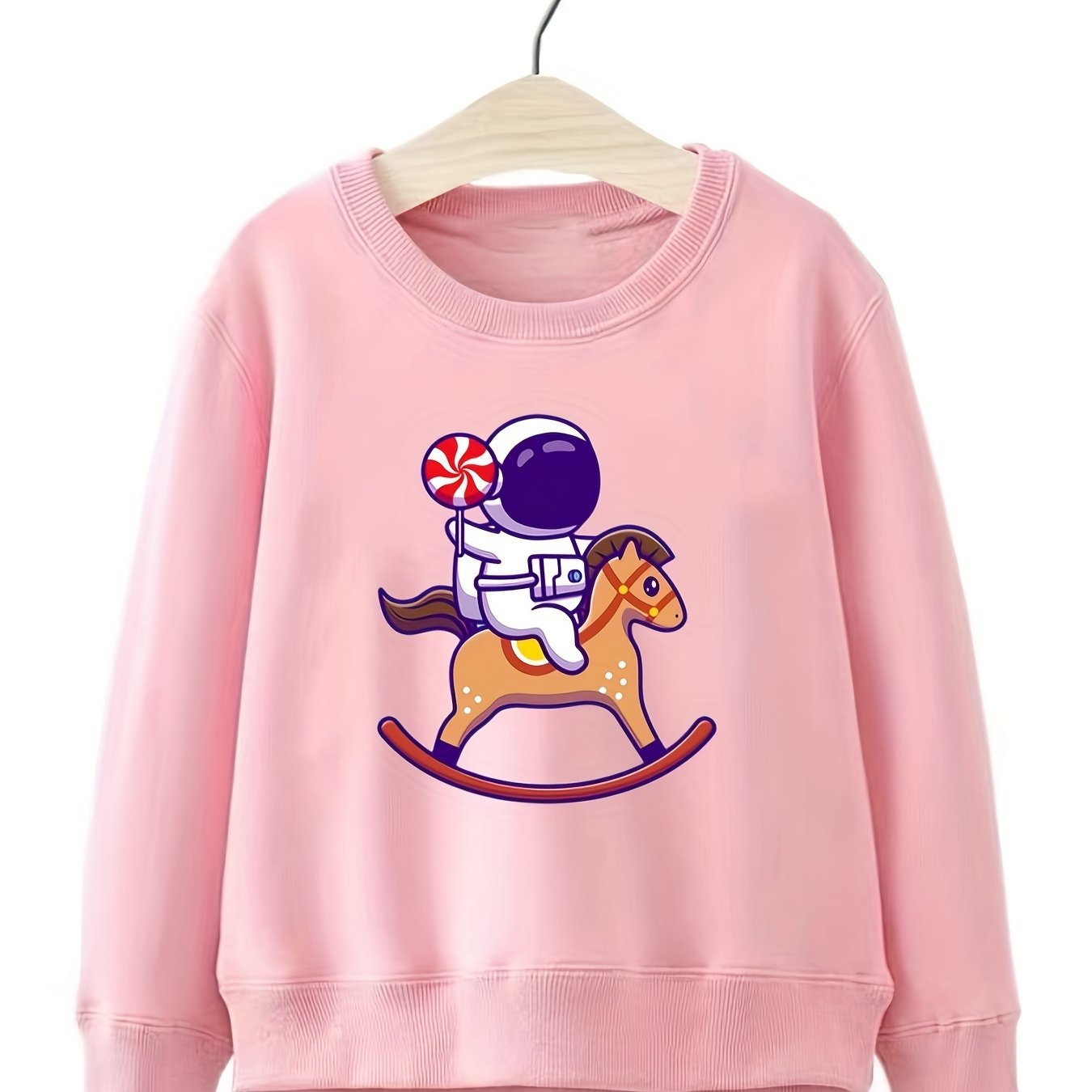 Astronaut & Pony Pattern Round Neck Sweatshirt for Girls