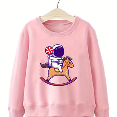 Astronaut & Pony Pattern Round Neck Sweatshirt for Girls