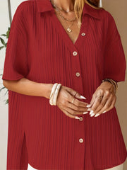 Blouse Women's Ribbed Short Sleeve Button Up Shirt