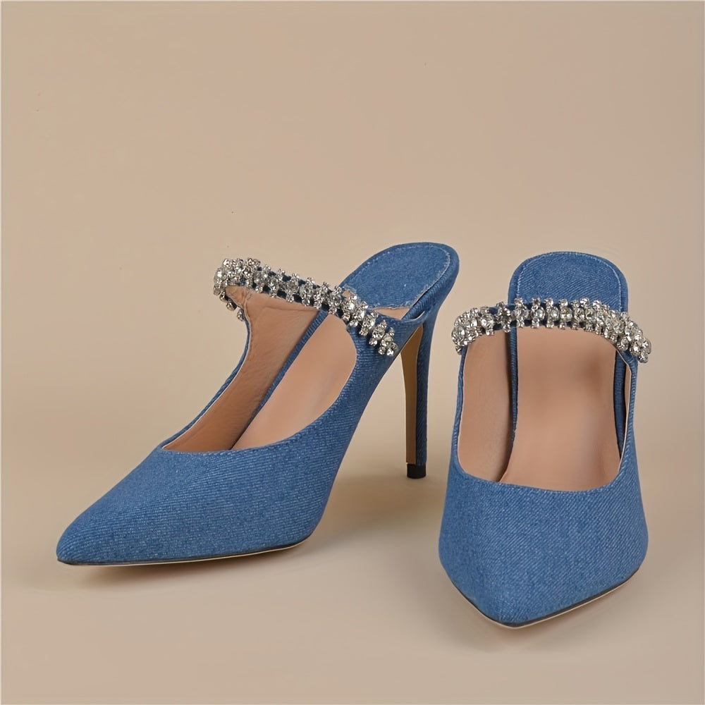 Denim Slingback High Heels Rhinestone Strap Slip On Stiletto Heels