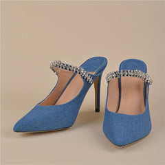 Denim Slingback High Heels Rhinestone Strap Slip On Stiletto Heels