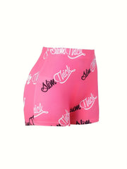 Casual Shorts Women's Plus Allover Letter Print Elastic High Rise