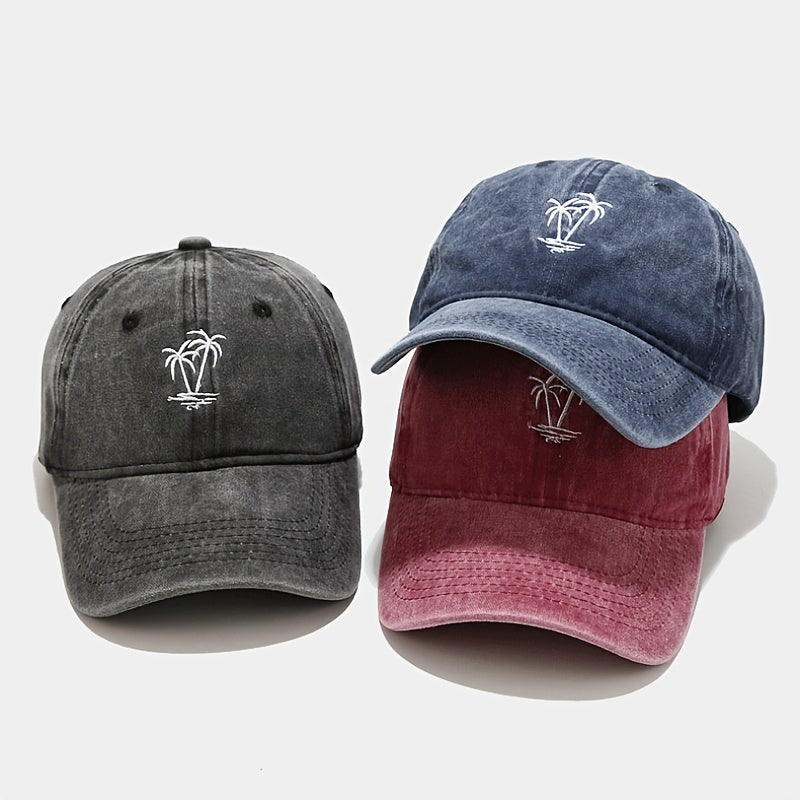 Men's Coconut Tree Embroidery Washed Casual Sun Hat Baseball Cap