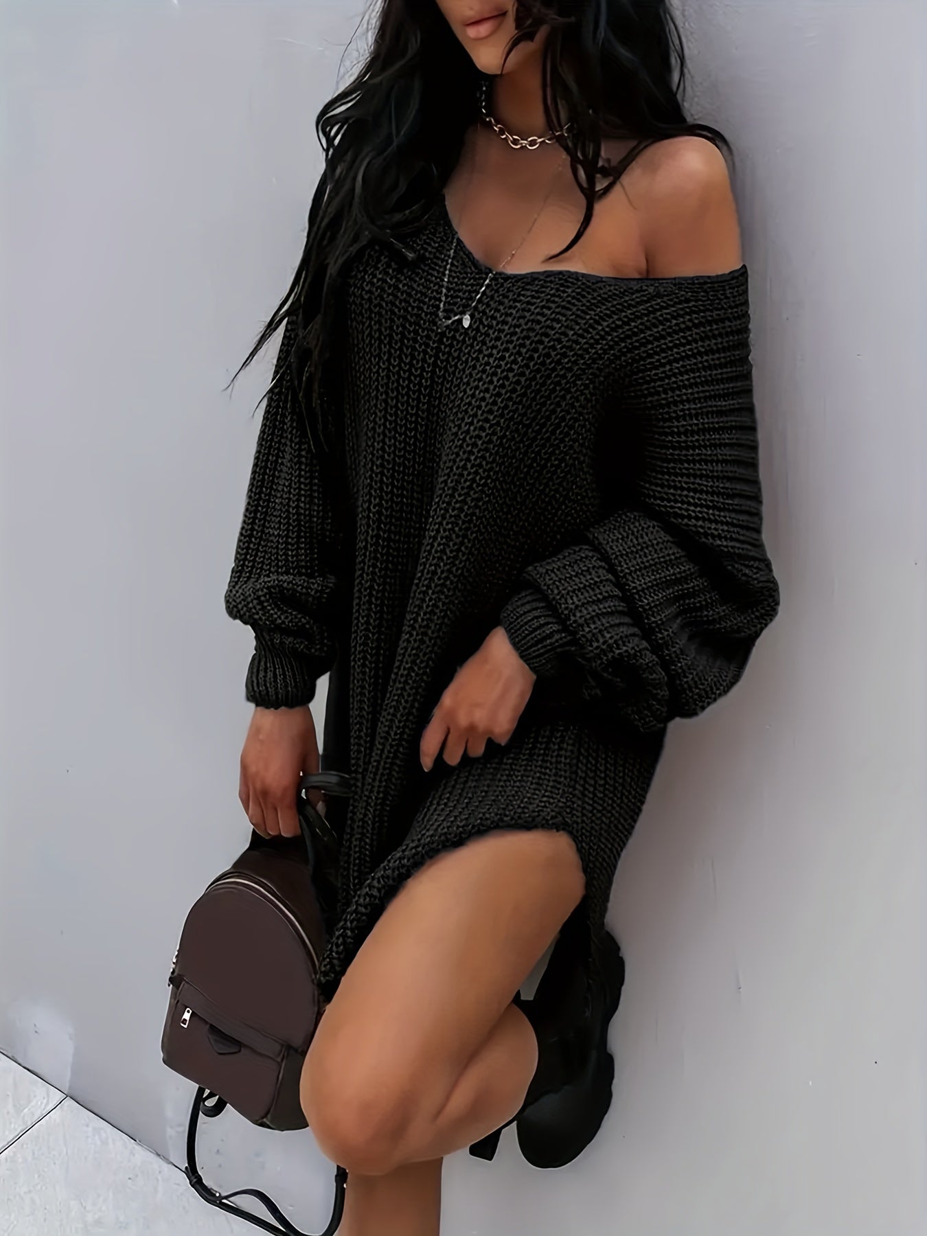 Sexy Sweater Dress One Shoulder Lantern Sleeve V Neck