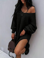 Sexy Sweater Dress One Shoulder Lantern Sleeve V Neck
