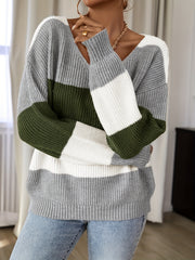 Striped V-Neck Sweater Long Sleeve Jumper