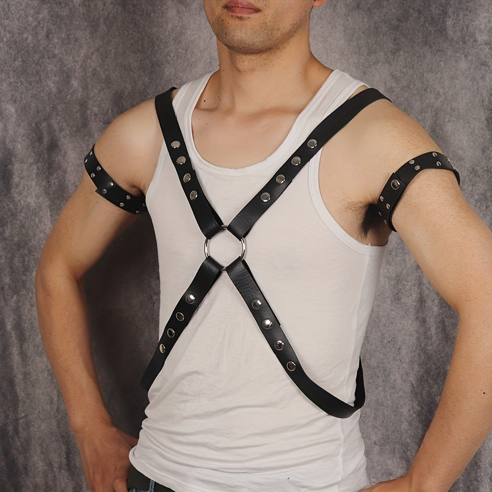 Men's PU Leather Body Chest Harness & Armbands Set for Cosplay Costume