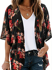 Floral Print Cover Up Shirt V Neck Loose Fit Half Sleeves Casual Kimono