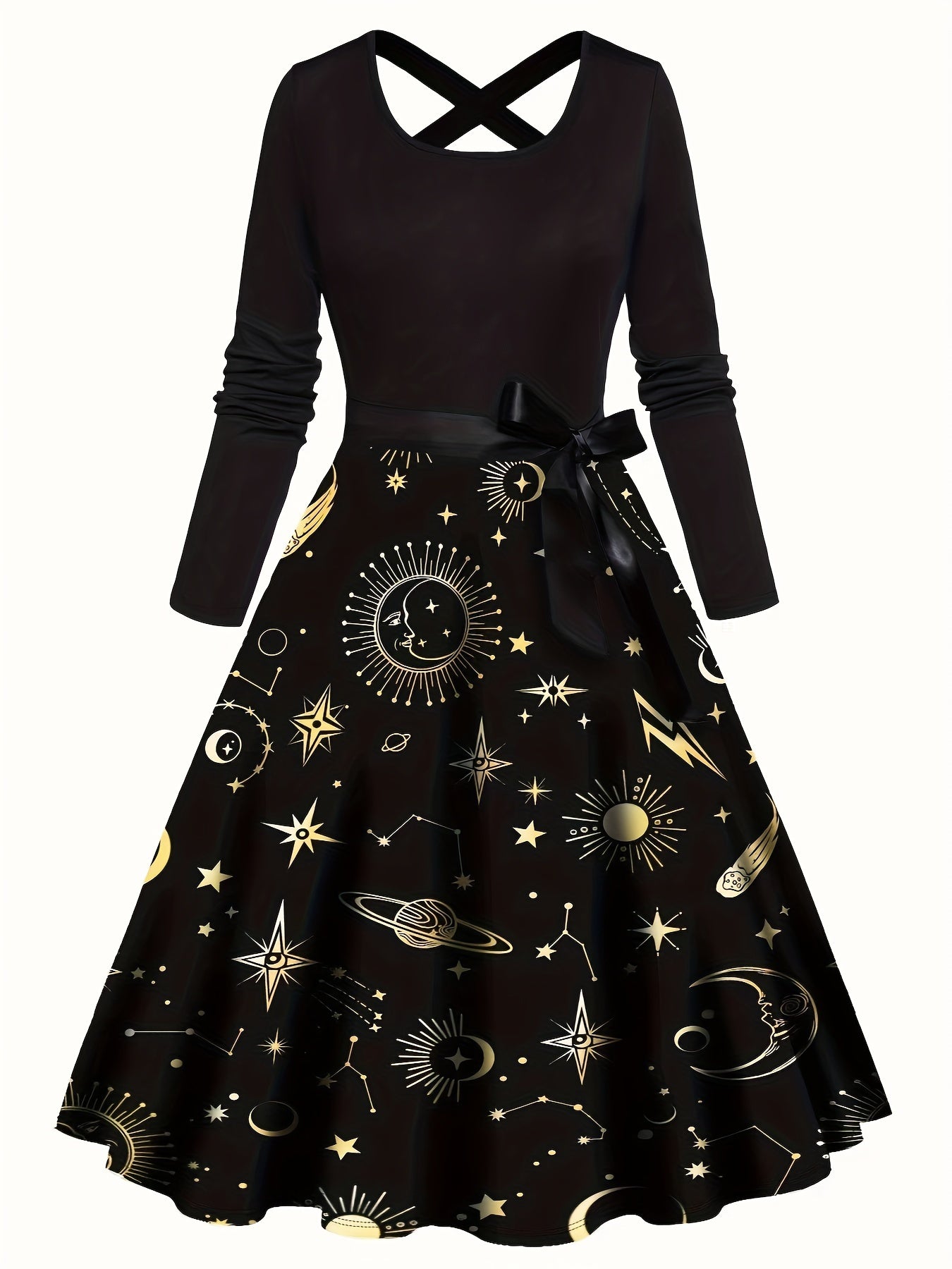 Sun & Moon Print Knot Front Long Sleeve A line Dress