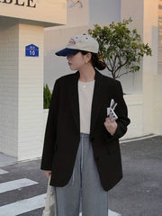 Solid Button Front Blazer Lapel Long Sleeve Blazer for Office & Work
