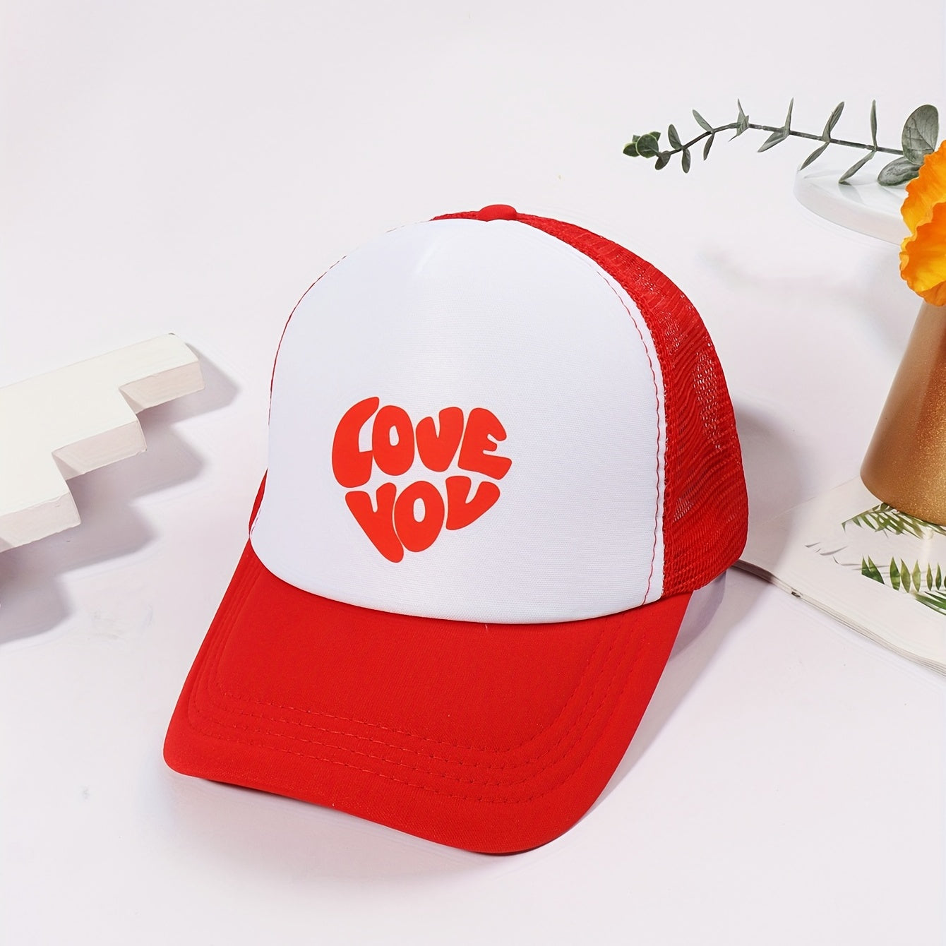 Love You Print Baseball Cap Red Adjustable Trucker Hat Mesh Breathable