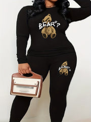 Women's Plus Bear & Letter Print Long Sleeve Top & Leggings Set