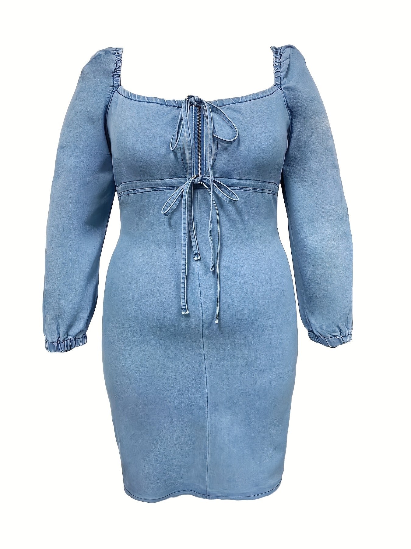Sexy Denim Dress Women's Half Zip Lantern Sleeve Square Neck