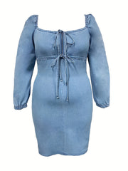 Sexy Denim Dress Women's Half Zip Lantern Sleeve Square Neck