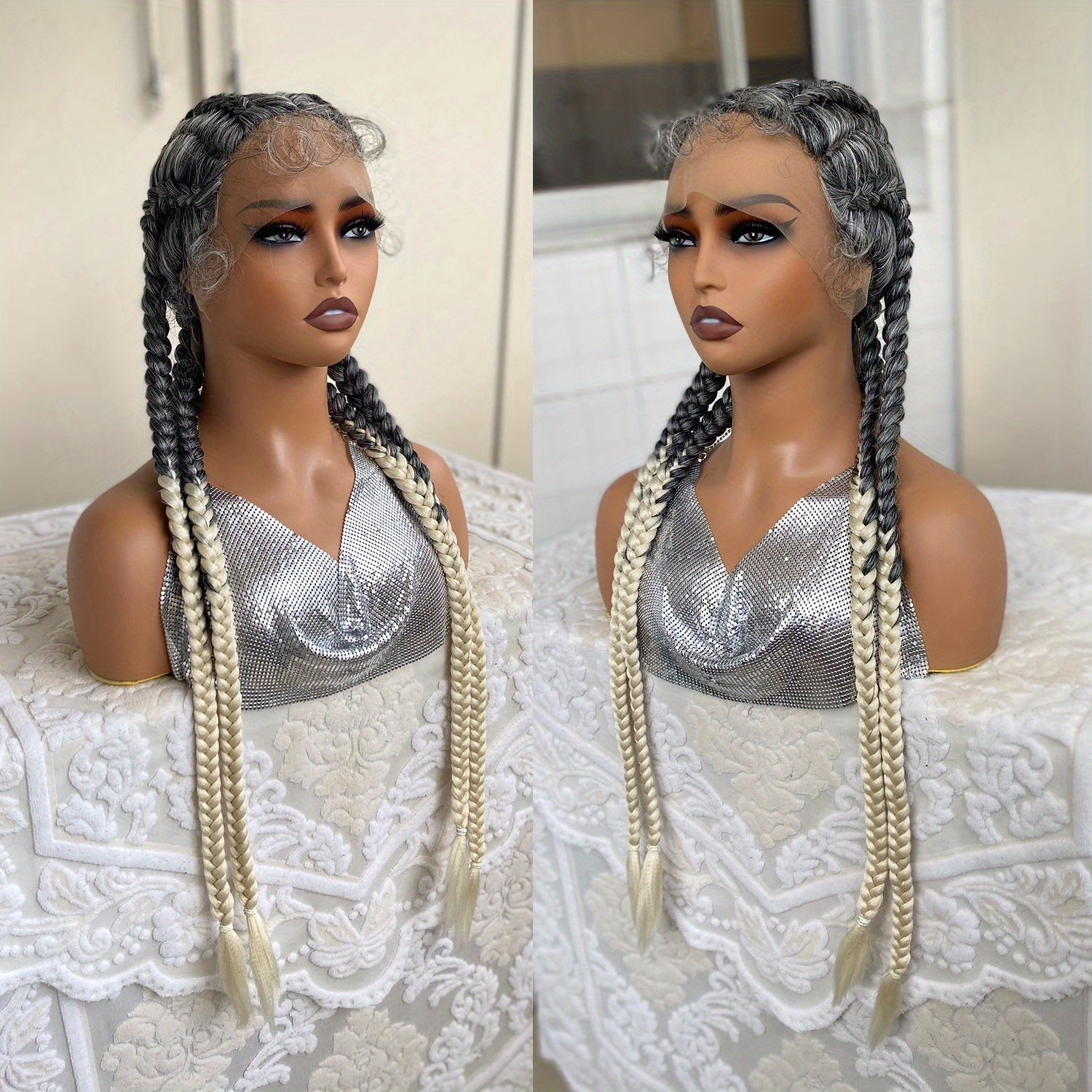Synthetic Lace Front Wig Braided Wigs With Baby Hair 28 Cm Blonde Burgundy Brown