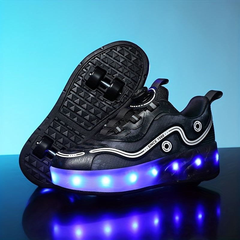 Girl's LED Roller Shoes with Rotating Buckle Detachable Wheel Skate Sneakers