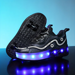 Girl's LED Roller Shoes with Rotating Buckle Detachable Wheel Skate Sneakers
