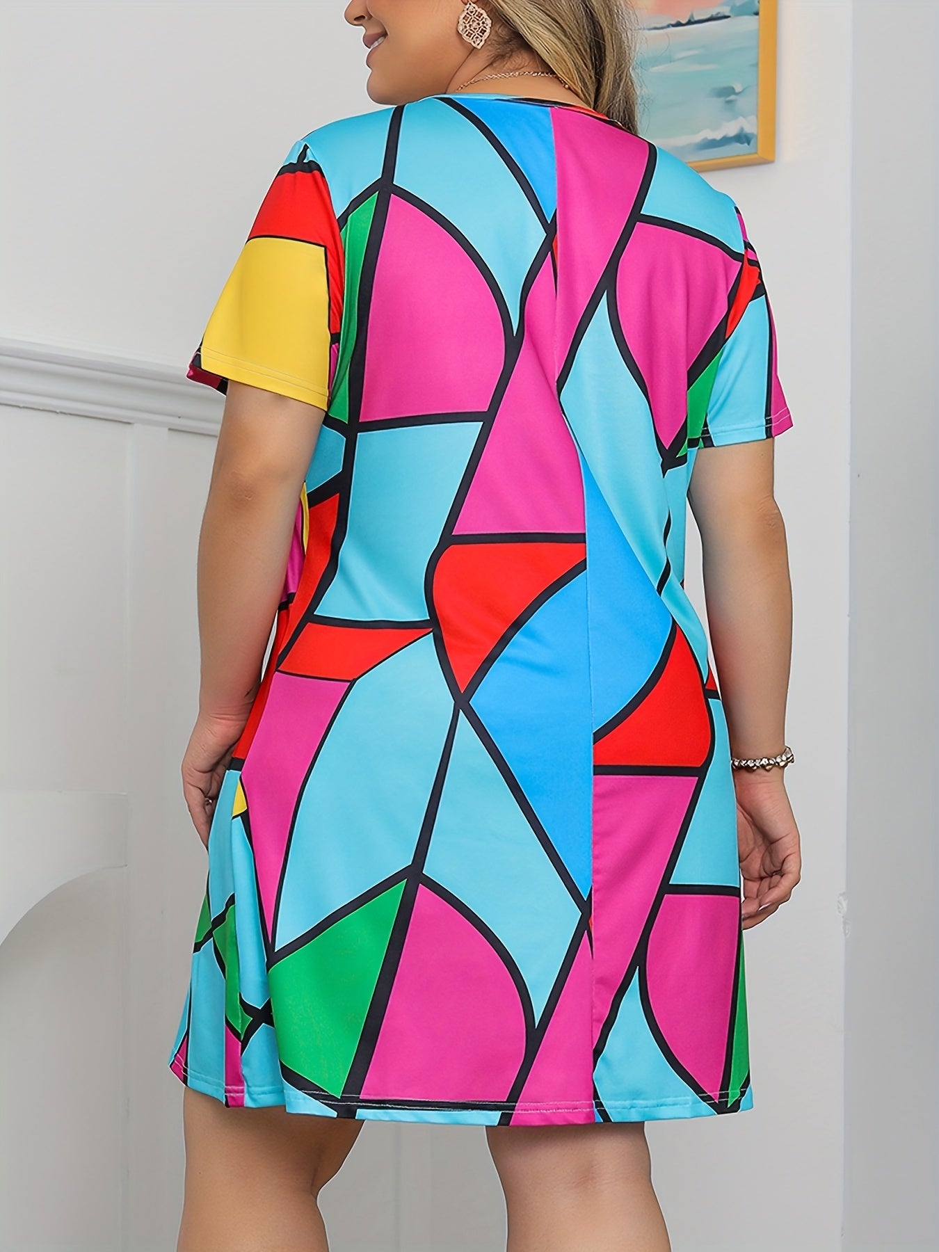 Women's Plus Colorblock Geometric Print Stretch Mini Dress