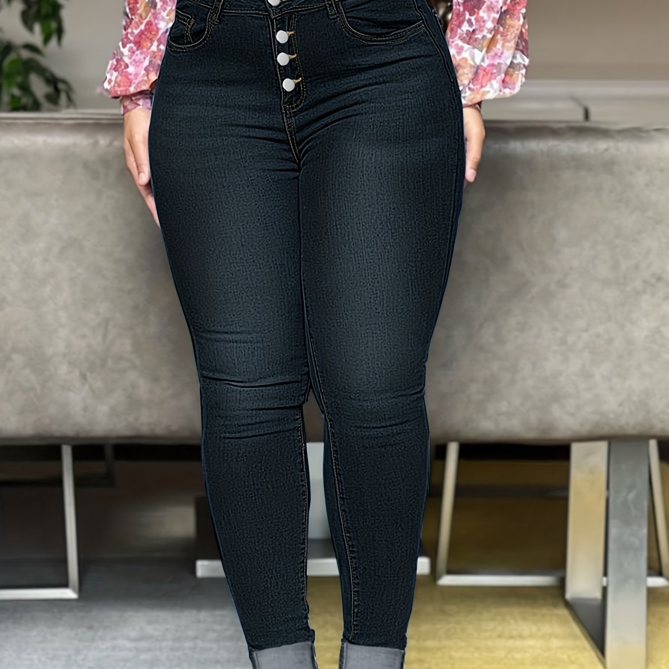 Button Skinny Jeans Slash Pockets Slim Fit Denim Pants