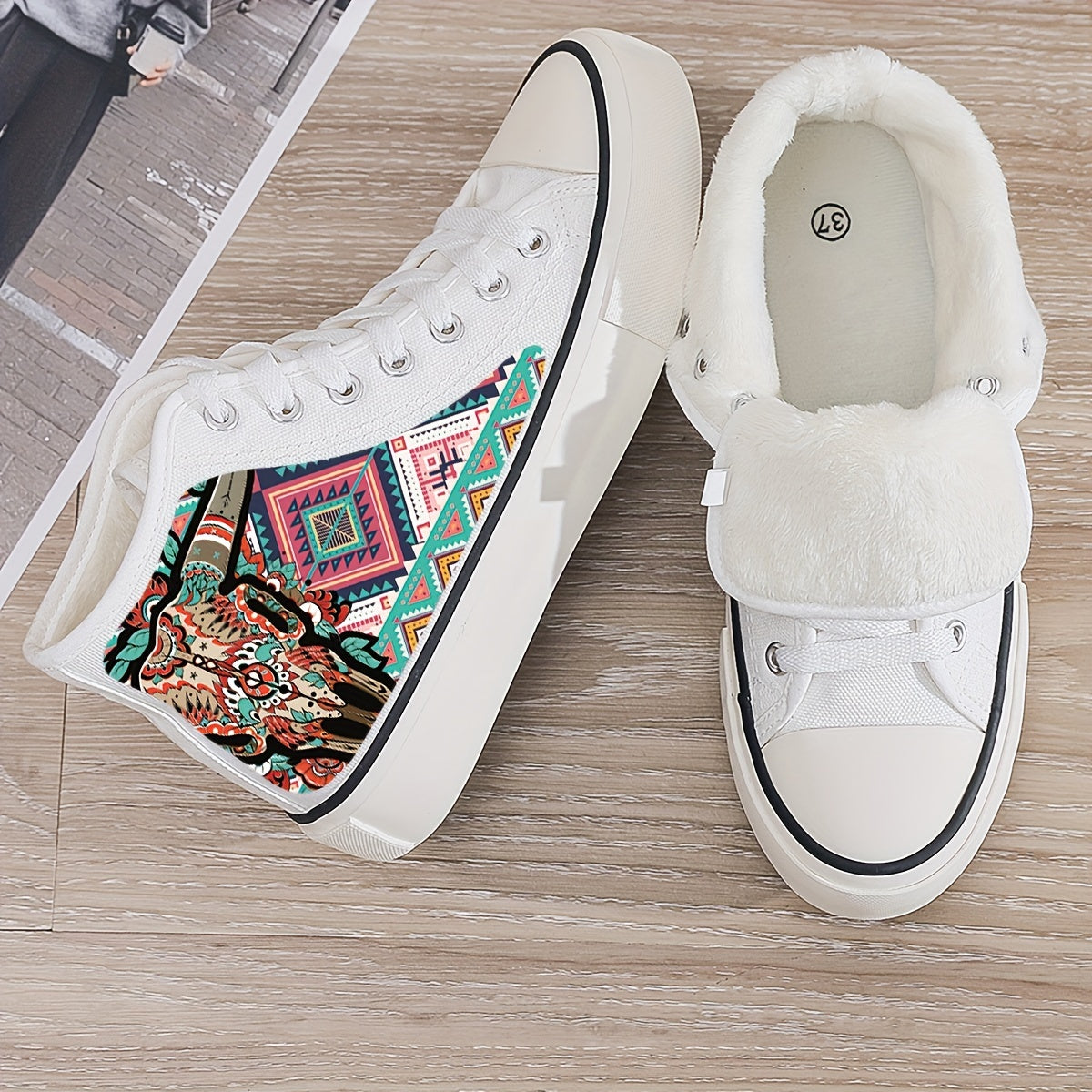 Cow Print Plush Lined Chunky Canvas Sneakers Warm Breathable Non Slip