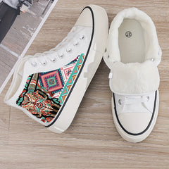 Cow Print Plush Lined Chunky Canvas Sneakers Warm Breathable Non Slip