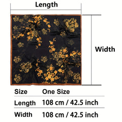Golden Plum Blossom Print Bandana Vintage Shawl Satin Large Square Scarf