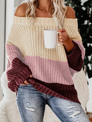 Off Shoulder Block Knit Sweater Long Sleeve Casual Loose