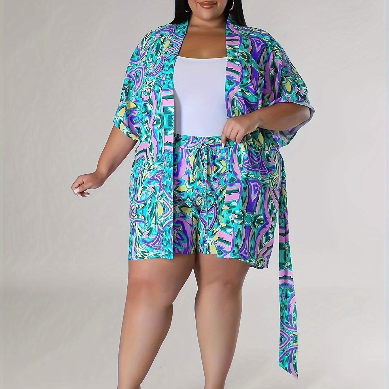 Allover Print Cardigan & Shorts Set