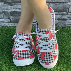 Heart & Checked Print Canvas Skate Shoes