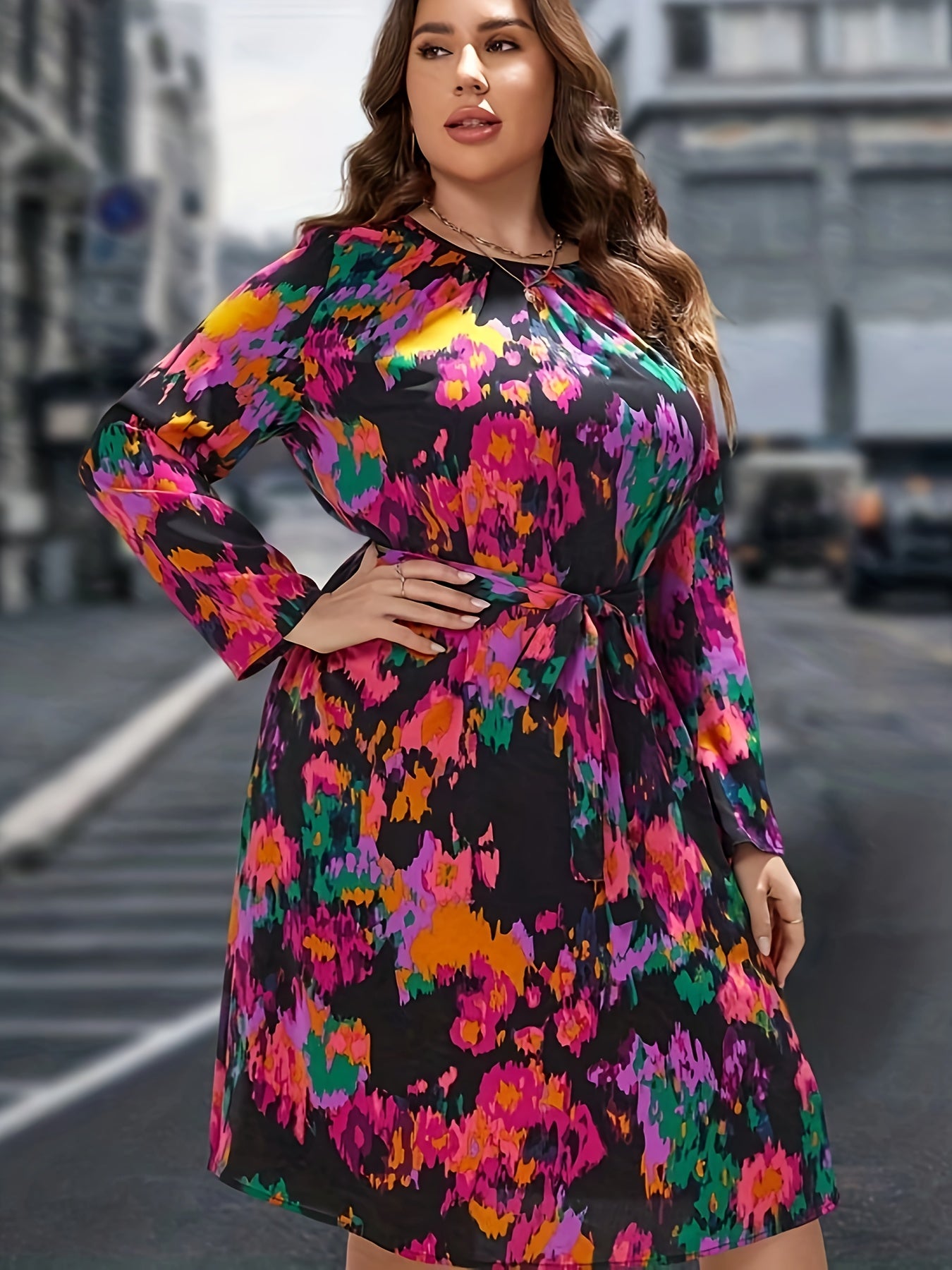 Boho Dress Women's Plus Tie Dye Long Sleeve Round Neck Midi Dress